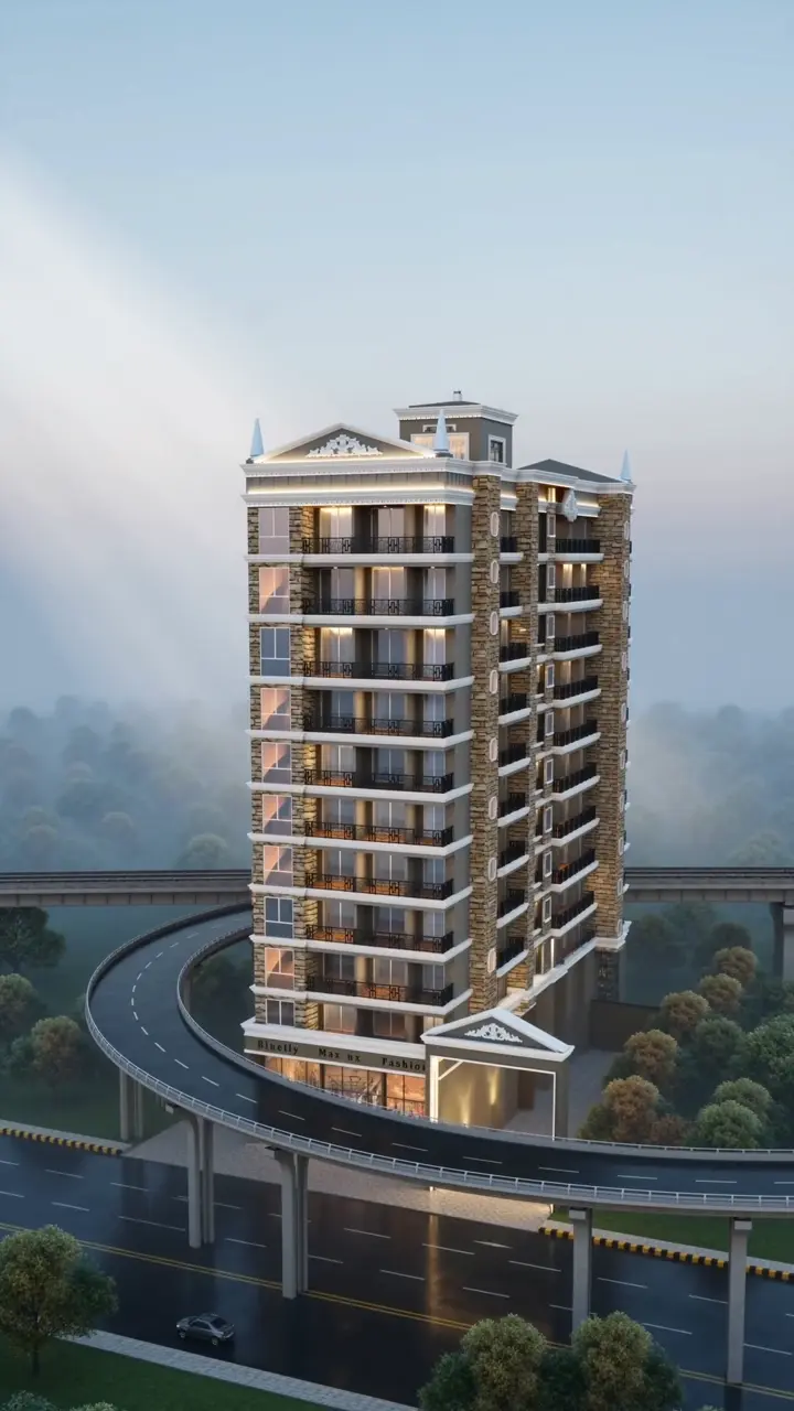 Illustrative 3D-rendered Taj Elite tower surrounded by trees and roads