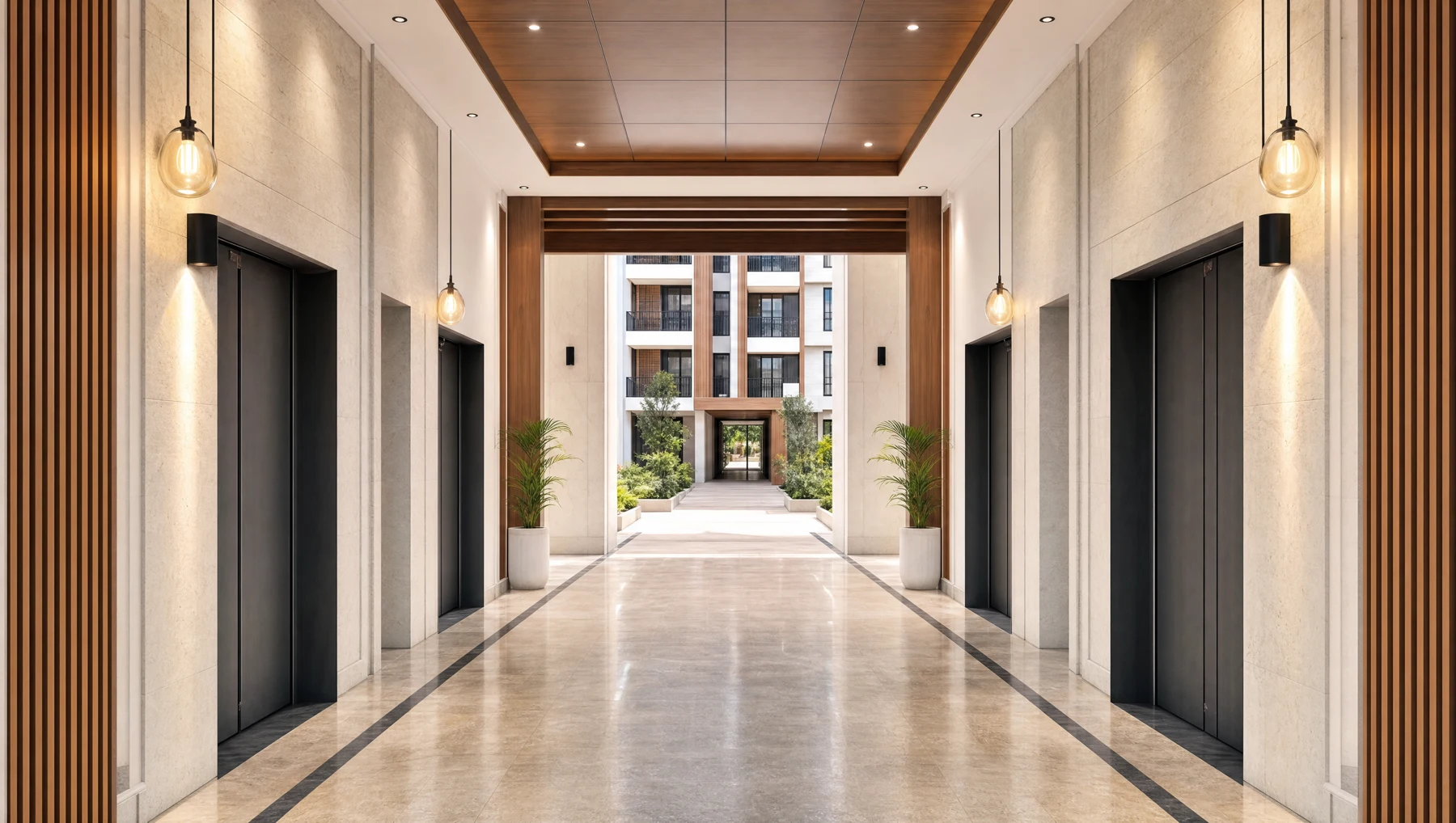 Illustrative entrance corridor with elevators and warm lighting