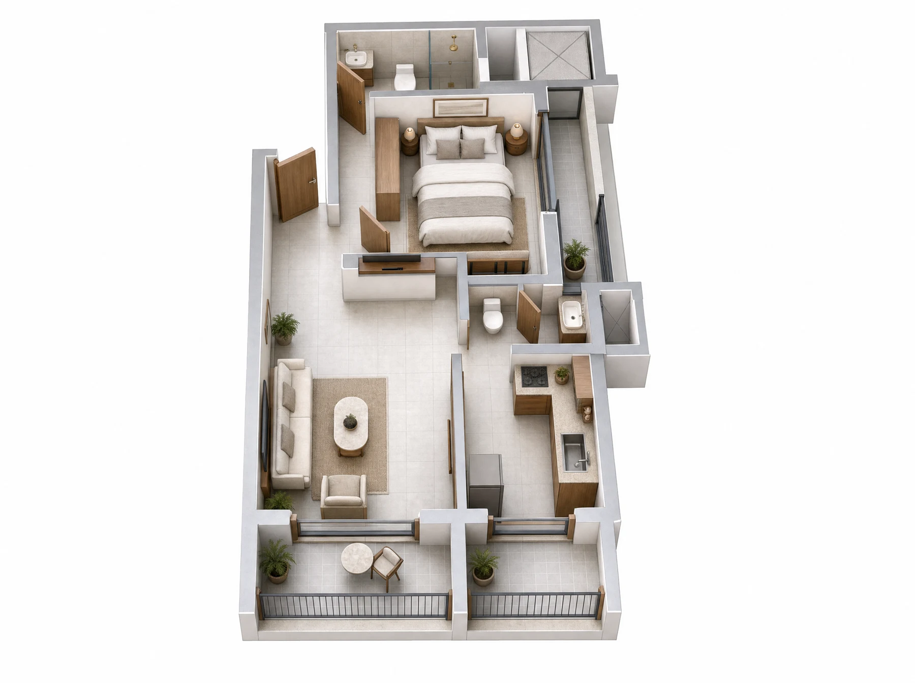 Illustrative furnished 1 BHK cutaway